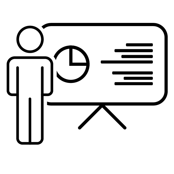 An illustration of a man standing infront of a whiteboard and presenting something